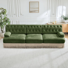 3-Seater Pet-friendly,Velvet Fabric,Floor-grazing Tassel Fringe Skirt,Button Tufted Design,Premium Wooden Base,Ergonomic design,Free Combination,For Living Rooms Rest Areas Bedroom,Green