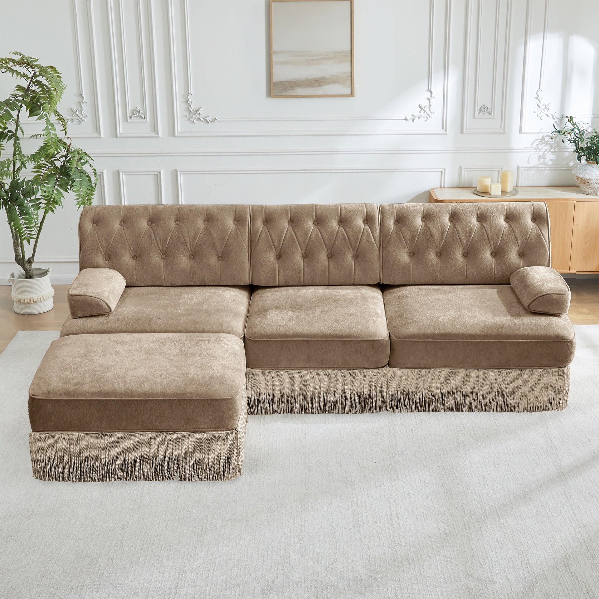 3-Seater High Quality Velvet Fabric,Cloud Modular Sectional,Tassel Skirt,Button Tufted Design,High-density high resilience foam,Easy to Assemble,Premium Wooden Base,For Living Room Study,Camel