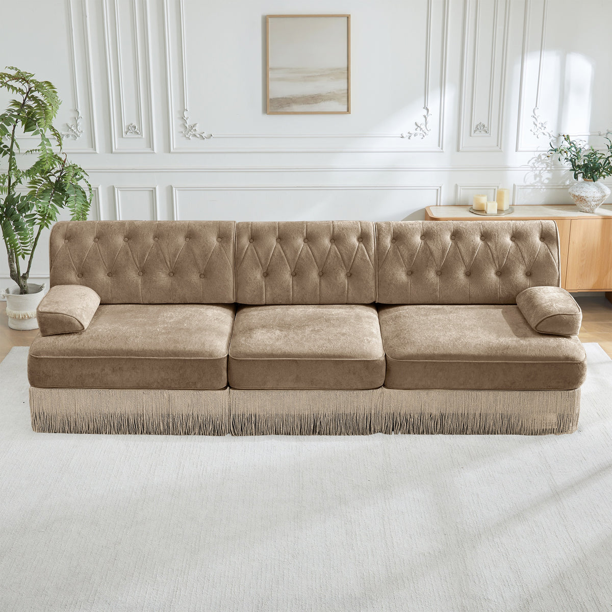 3-Seater Pet-friendly,Velvet Fabric,Floor-grazing Tassel Fringe Skirt,Button Tufted Design,Premium Wooden Base,Ergonomic design,Free Combination,For Living Rooms Rest Areas Bedroom,Camel