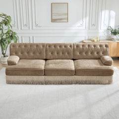 3-Seater Pet-friendly,Velvet Fabric,Floor-grazing Tassel Fringe Skirt,Button Tufted Design,Premium Wooden Base,Ergonomic design,Free Combination,For Living Rooms Rest Areas Bedroom,Camel