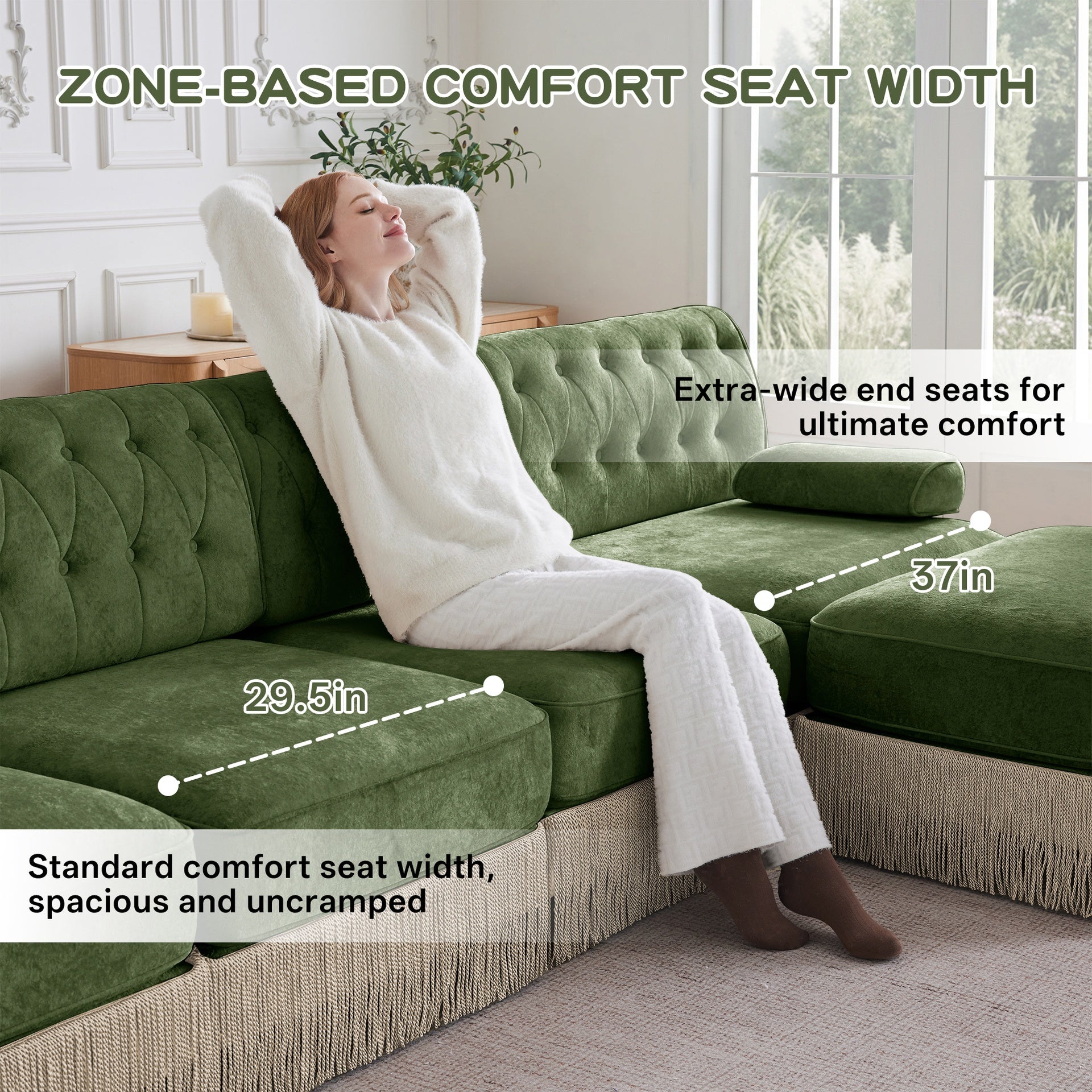 With 2 Ottoman, Breathable Comfort Velvet Fabric, Tassel Skirt Chesterfield Style Sofa, Free Combination,Slightly Curved Square Armrests, Premium Wooden Base, Easy to Assemble,For Living Room,Green