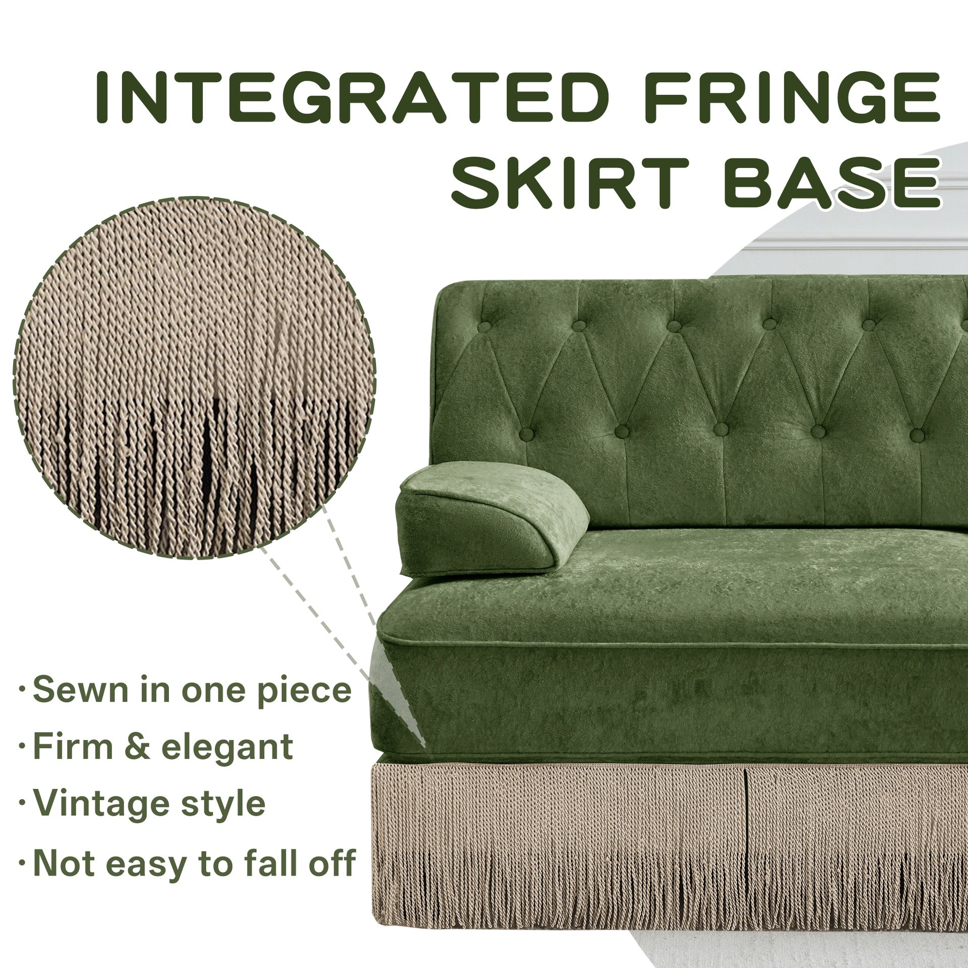 With 2 Ottoman, Breathable Comfort Velvet Fabric, Tassel Skirt Chesterfield Style Sofa, Free Combination,Slightly Curved Square Armrests, Premium Wooden Base, Easy to Assemble,For Living Room,Green