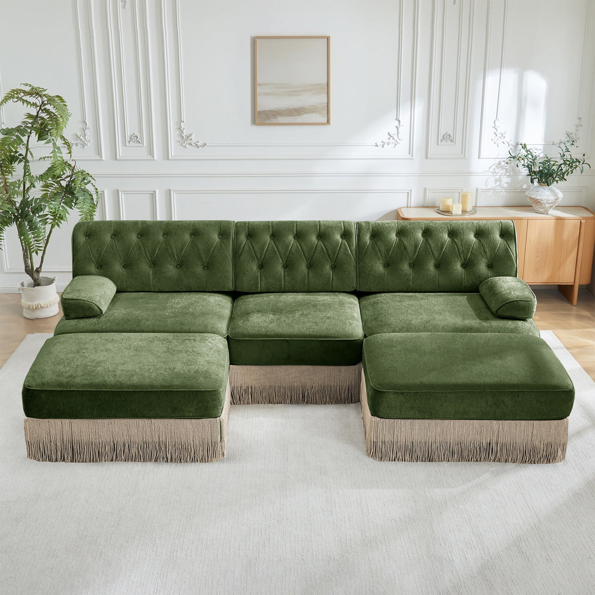 U Shaped Breathable Comfort Velvet Fabric,Chesterfield Style Sofa,Floor-grazing Tassel Fringe Skirt,Modular Combination Design,Ergonomic design,Button Tufted Design,For Living Rooms Bedroom,Green