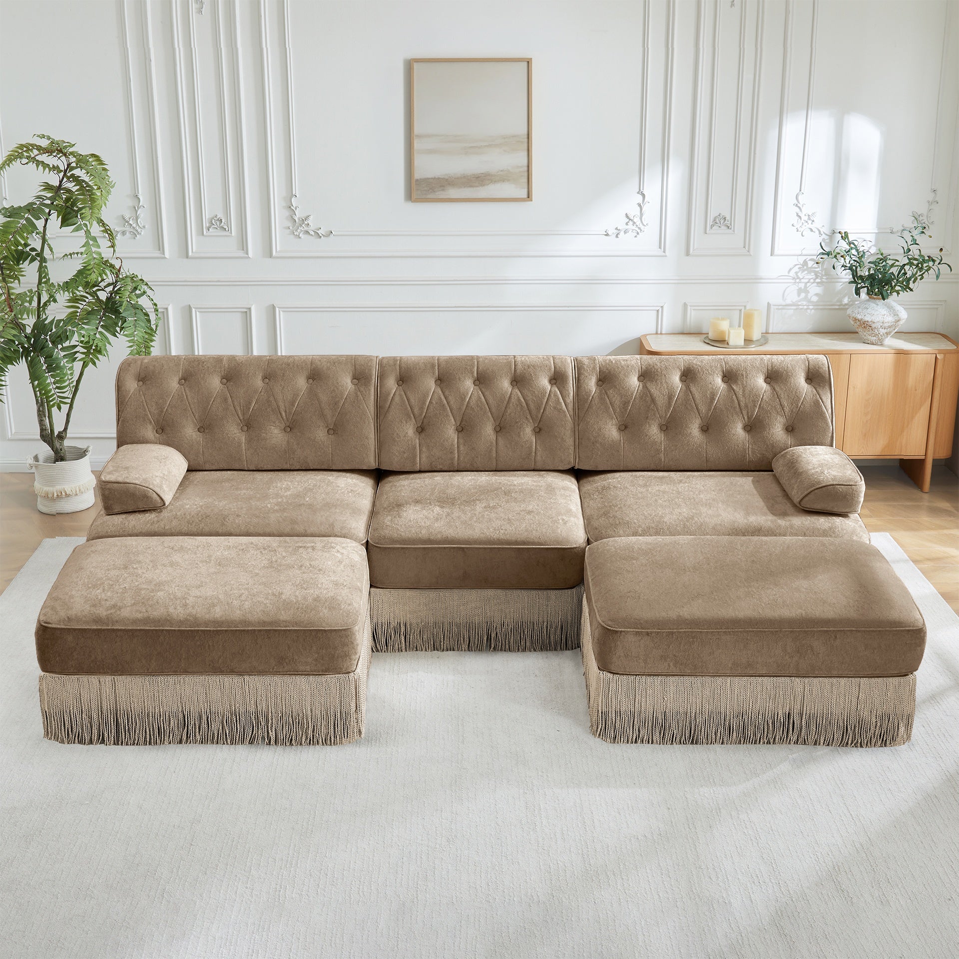 U Shaped Breathable Comfort Velvet Fabric,Chesterfield Style Sofa,Floor-grazing Tassel Fringe Skirt,Modular Combination Design,Ergonomic design,Button Tufted Design,For Living Rooms Bedroom,Camel
