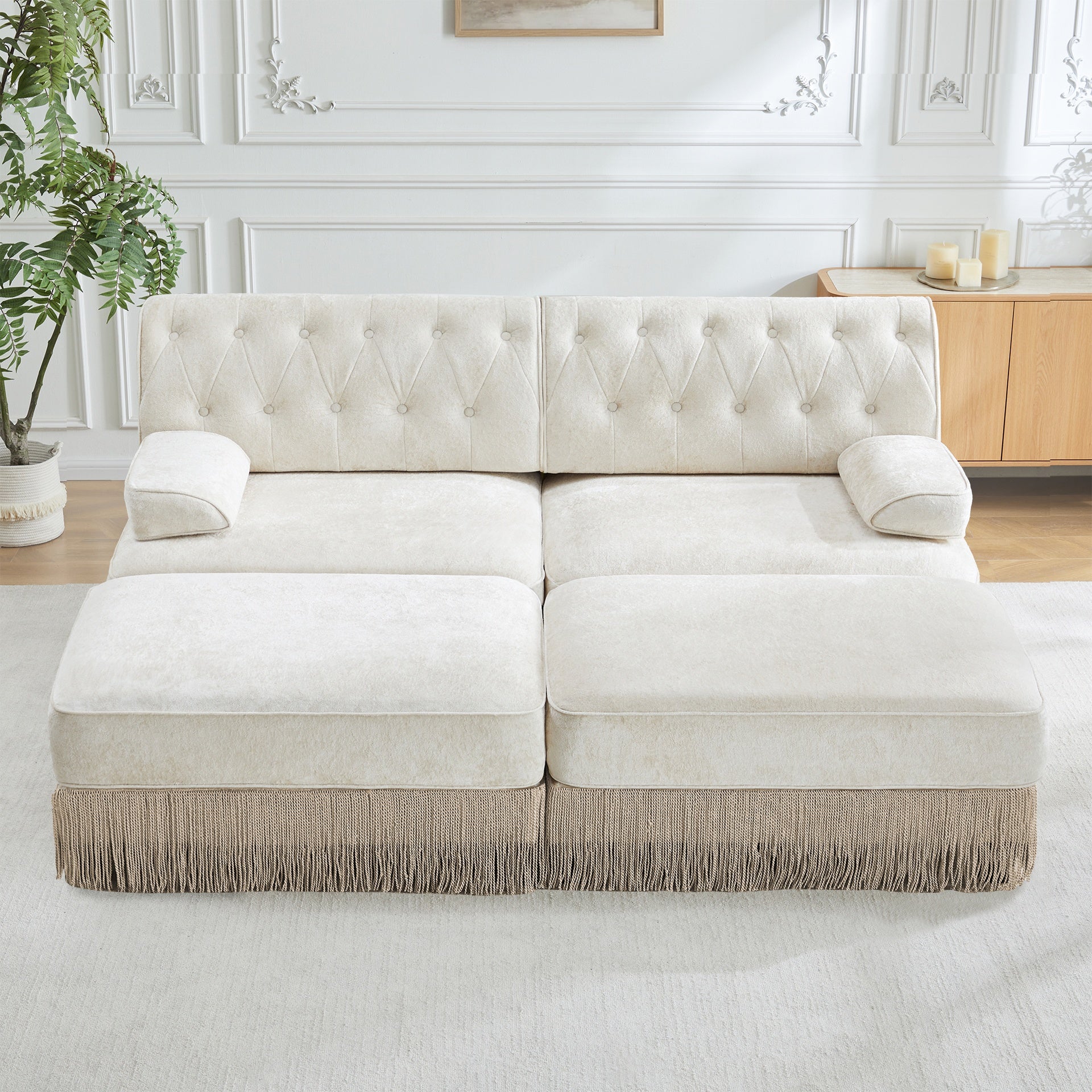 With 2 Ottoman,Breathable Comfort Velvet Fabric, Tassel Skirt Chesterfield Style Sofa, Free Combination, Slightly Curved Square Armrests, Premium Wooden Base, Easy to Assemble,For Living Room,Beige