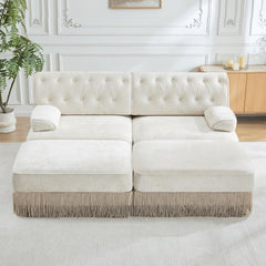 With 2 Ottoman,Breathable Comfort Velvet Fabric, Tassel Skirt Chesterfield Style Sofa, Free Combination, Slightly Curved Square Armrests, Premium Wooden Base, Easy to Assemble,For Living Room,Beige