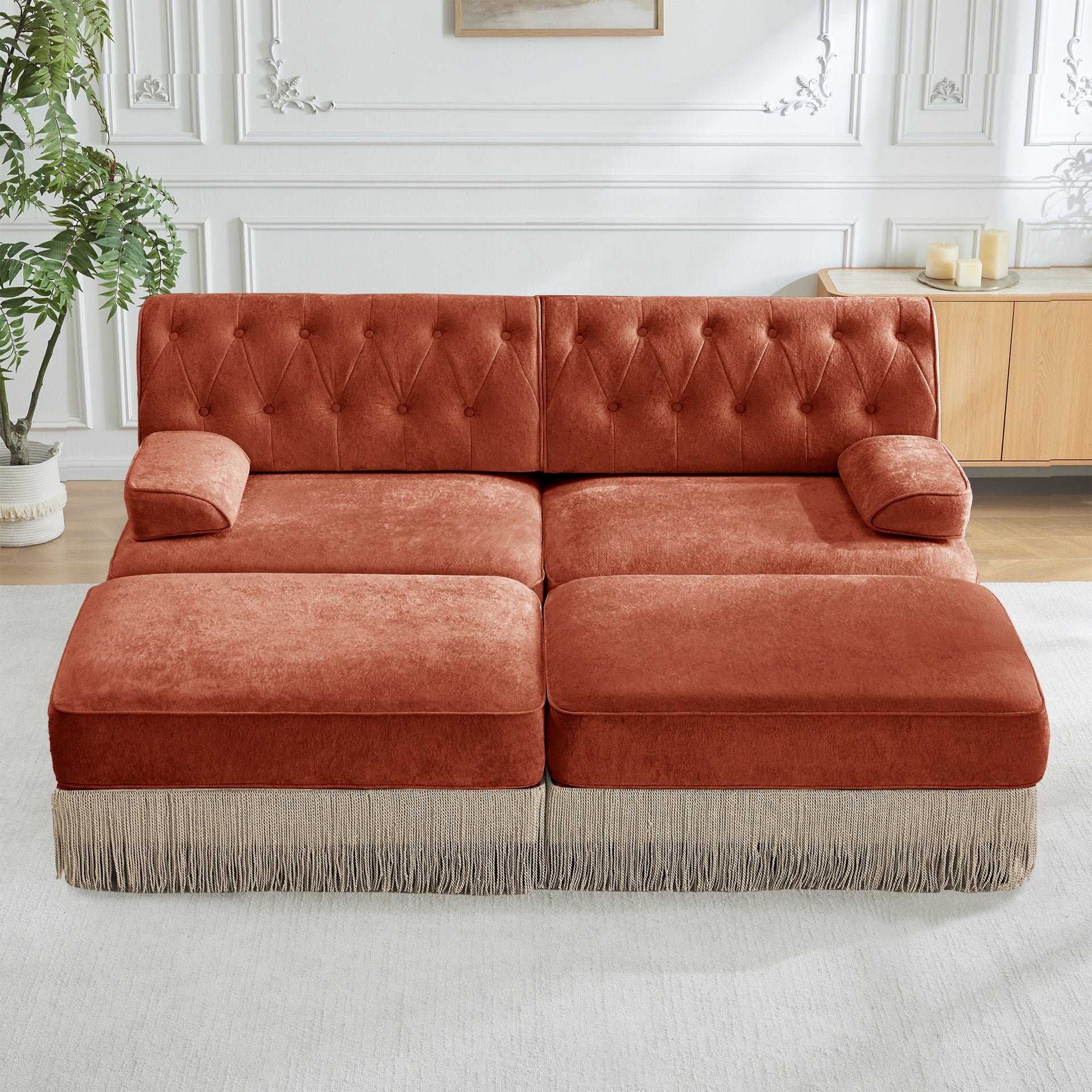 With 2 Ottoman, Breathable Comfort Velvet Fabric, Tassel Skirt Chesterfield Style Sofa, Free Combination, Slightly Curved Square Armrests, Premium Wooden Base, Easy to Assemble, For Living Room,Red Br