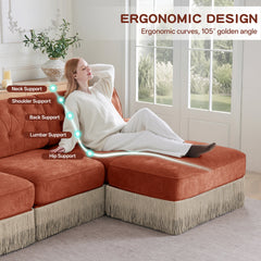 With 2 Ottoman, Breathable Comfort Velvet Fabric, Tassel Skirt Chesterfield Style Sofa, Free Combination, Slightly Curved Square Armrests, Premium Wooden Base, Easy to Assemble, For Living Room,Red Br