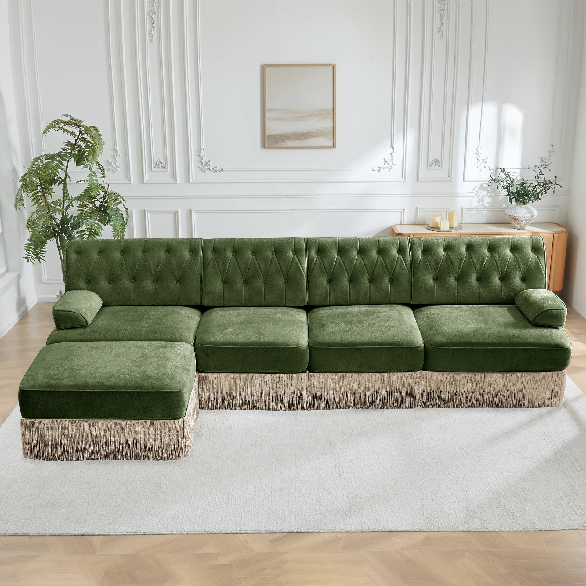 135" L Shaped Pet-friendly Velvet Fabric,Chesterfield Style Sofa,Tassel Skirt,Slightly Curved Square Armrests, Free Combination,Ergonomic Design,For Living Rooms Rest Areas Bedroom,Green