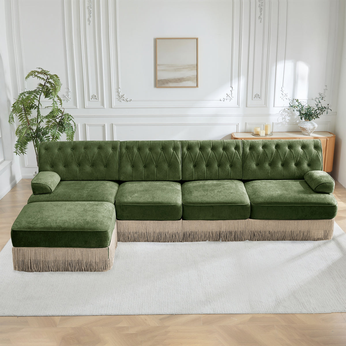 135" L Shaped Pet-friendly Velvet Fabric,Chesterfield Style Sofa,Tassel Skirt,Slightly Curved Square Armrests, Free Combination,Ergonomic Design,For Living Rooms Rest Areas Bedroom,Green