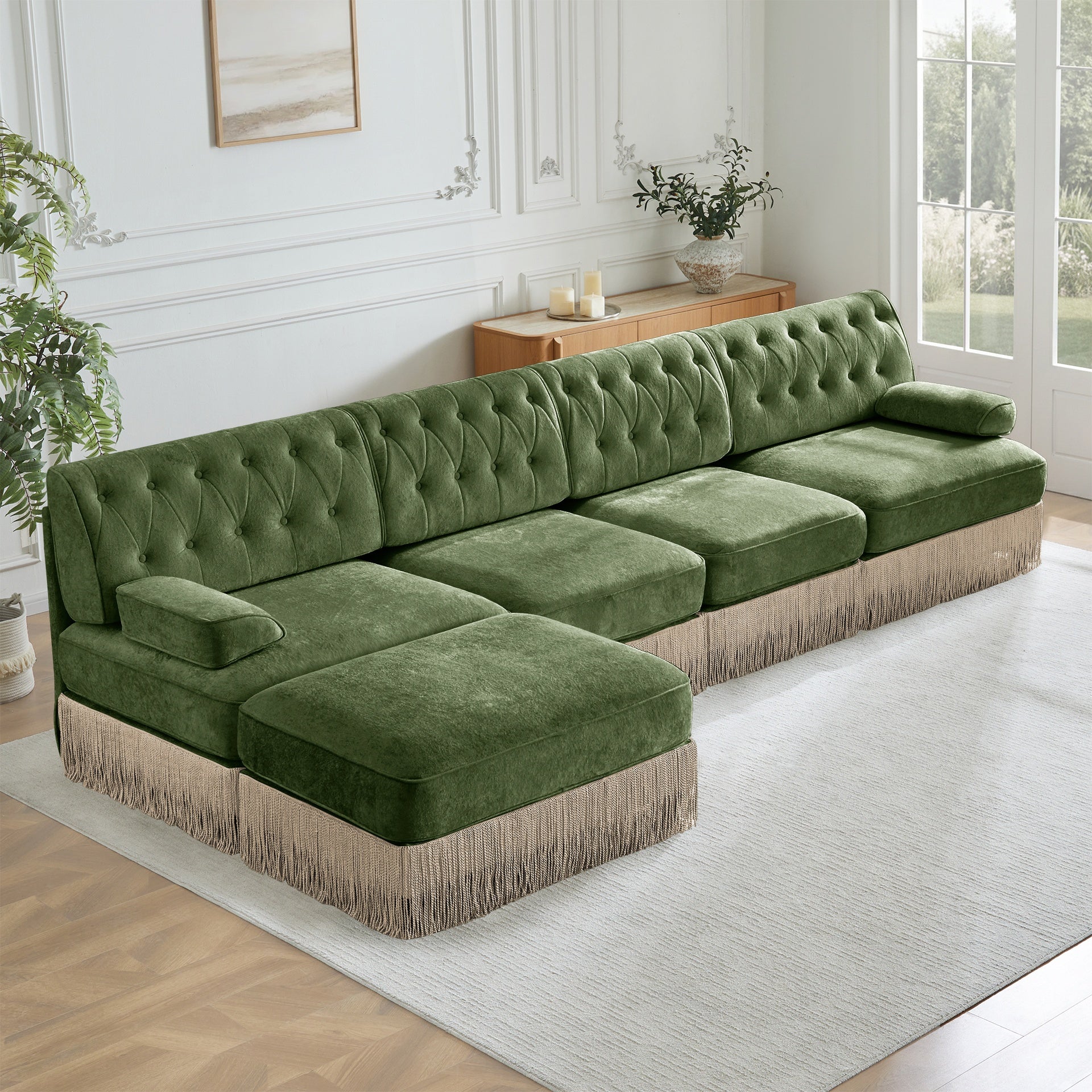 135" L Shaped Pet-friendly Velvet Fabric,Chesterfield Style Sofa,Tassel Skirt,Slightly Curved Square Armrests, Free Combination,Ergonomic Design,For Living Rooms Rest Areas Bedroom,Green
