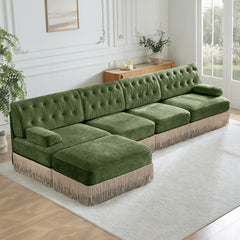135" L Shaped Pet-friendly Velvet Fabric,Chesterfield Style Sofa,Tassel Skirt,Slightly Curved Square Armrests, Free Combination,Ergonomic Design,For Living Rooms Rest Areas Bedroom,Green