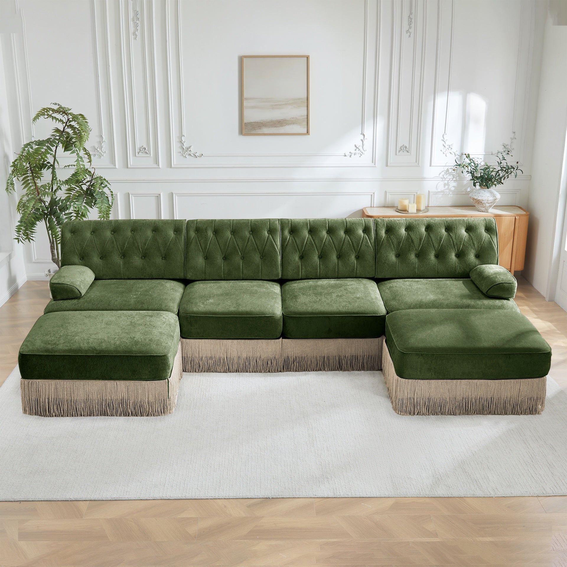 4-Seater with 2 Ottomans Cloud Modular Sectional,Tassel Skirt,Button Tufted Design,High-density High Resilience Foam,Ergonomic Design,Premium Wooden Base,For Living Rooms Bedroom,Green