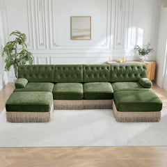 4-Seater with 2 Ottomans Cloud Modular Sectional,Tassel Skirt,Button Tufted Design,High-density High Resilience Foam,Ergonomic Design,Premium Wooden Base,For Living Rooms Bedroom,Green