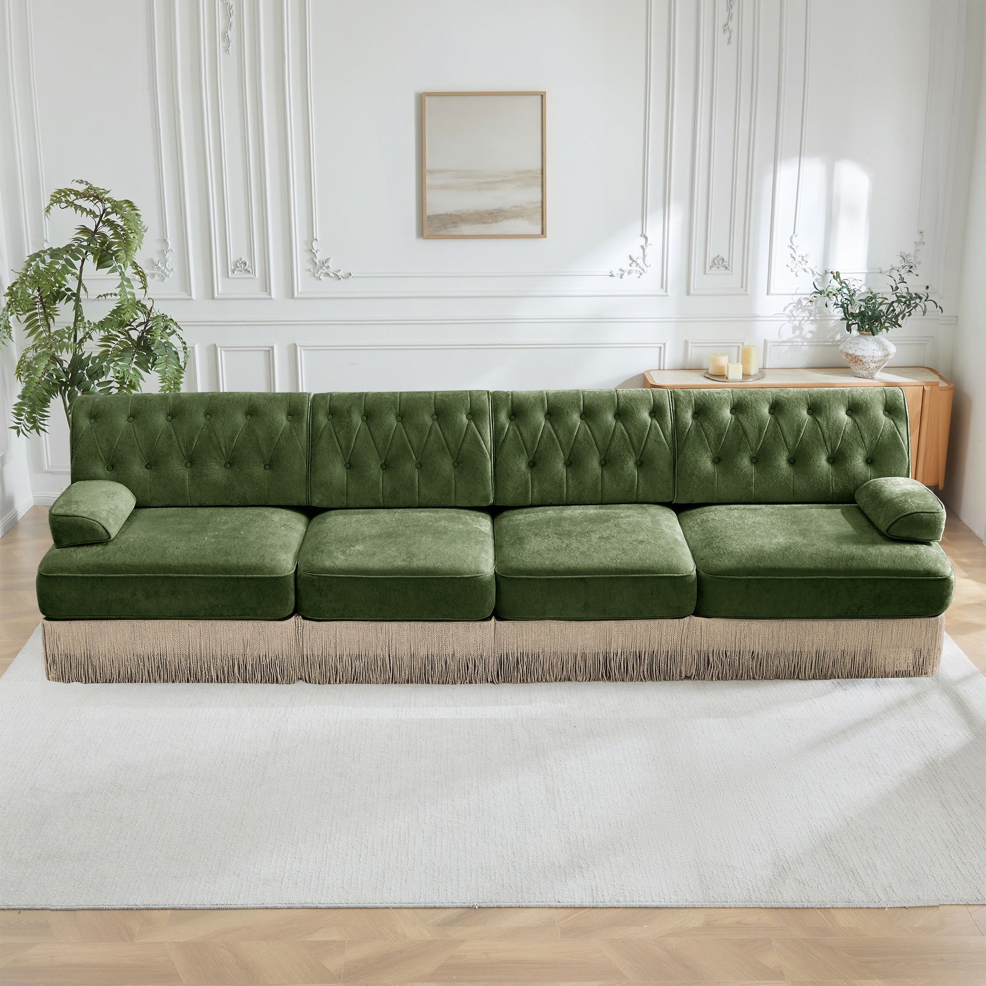135" Soft Velvet Fabric,Button Tufted Design Chesterfield Style Sofa,Tassel Skir,Modular Combination Design,Premium Wooden Base,Easy to Assemble,High-density high resilience foam,For Lounge,Green