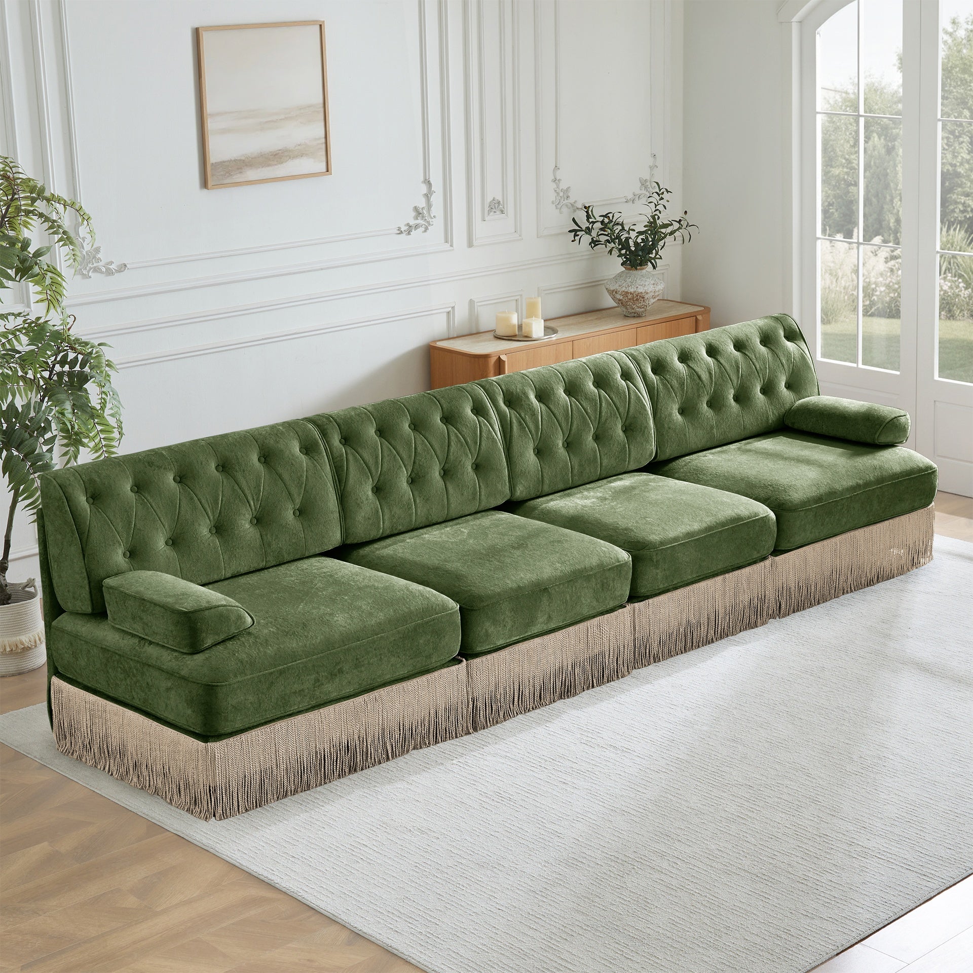 135" Soft Velvet Fabric,Button Tufted Design Chesterfield Style Sofa,Tassel Skir,Modular Combination Design,Premium Wooden Base,Easy to Assemble,High-density high resilience foam,For Lounge,Green