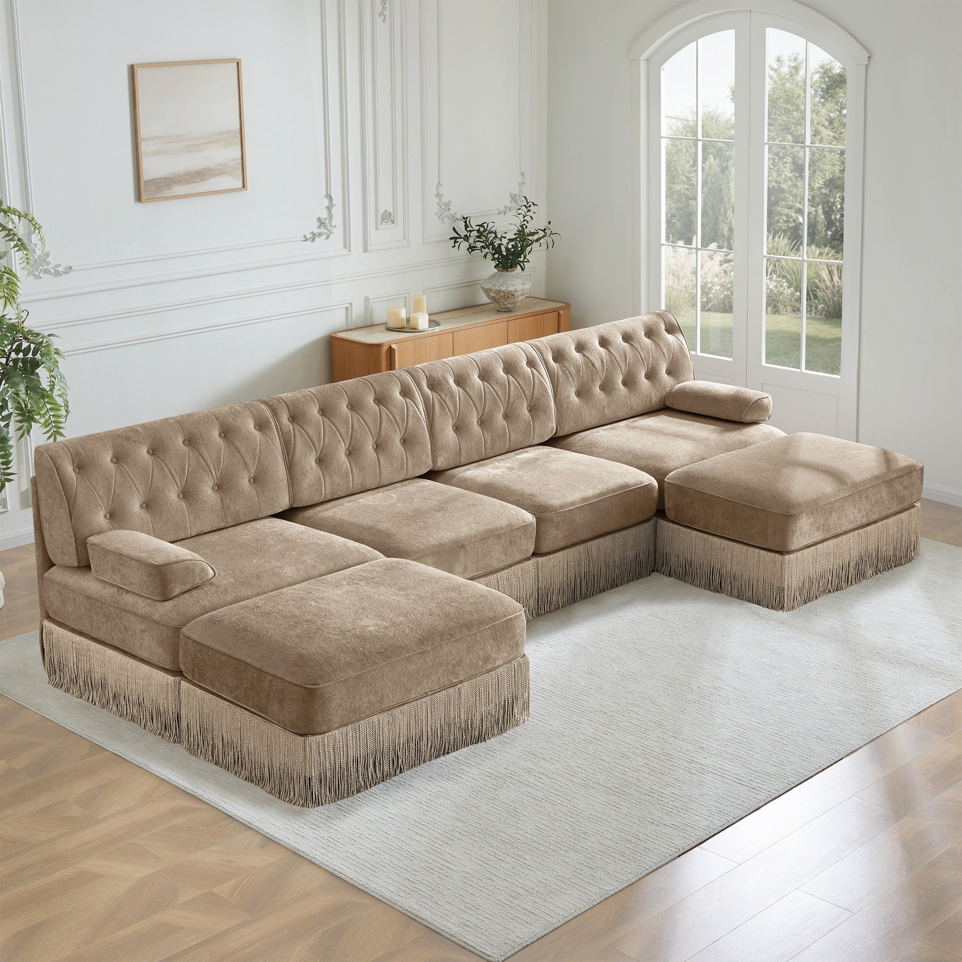 4-Seater with 2 Ottomans Cloud Modular Sectional,Tassel Skirt,Button Tufted Design,High-density High Resilience Foam,Ergonomic Design,Premium Wooden Base,For Living Rooms Bedroom,Camel