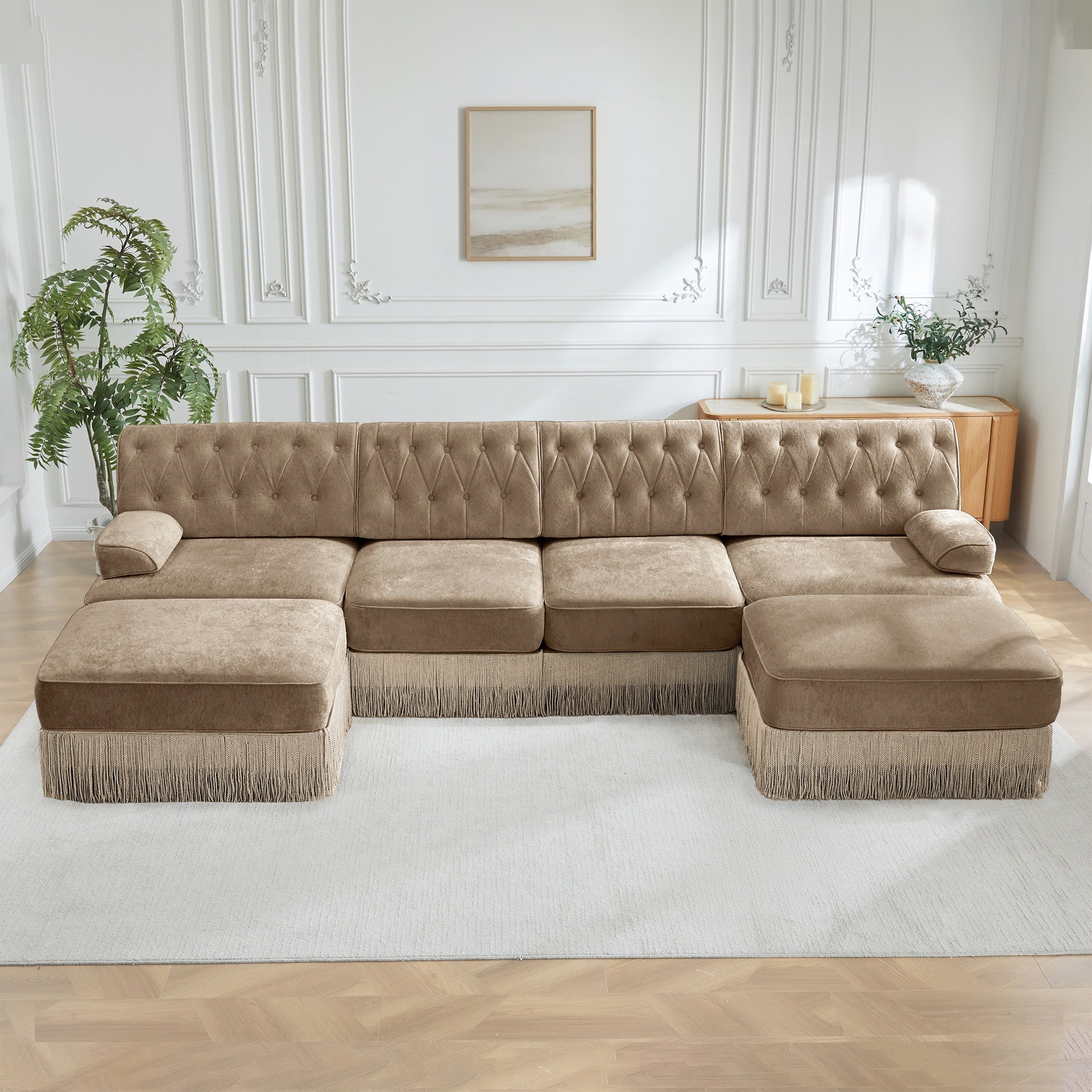 4-Seater with 2 Ottomans Cloud Modular Sectional,Tassel Skirt,Button Tufted Design,High-density High Resilience Foam,Ergonomic Design,Premium Wooden Base,For Living Rooms Bedroom,Camel