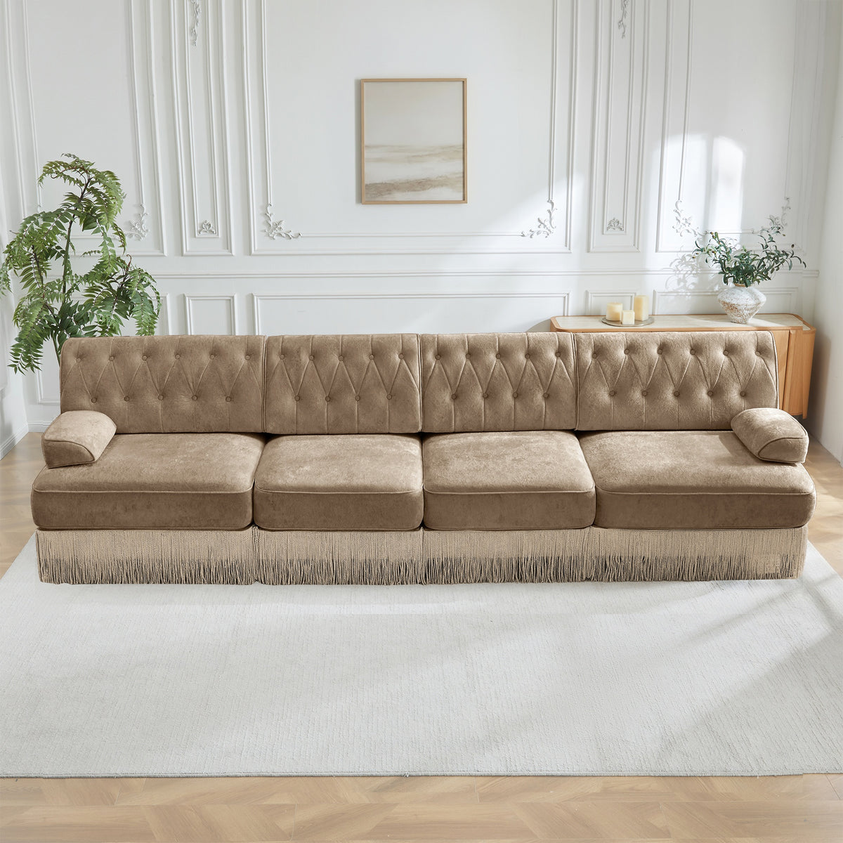135"Soft Velvet Fabric,Button Tufted Design Chesterfield Style Sofa,Tassel Skir,Modular Combination Design,Premium Wooden Base,Easy to Assemble,High-density High Resilience Foam,For Lounge,Camel