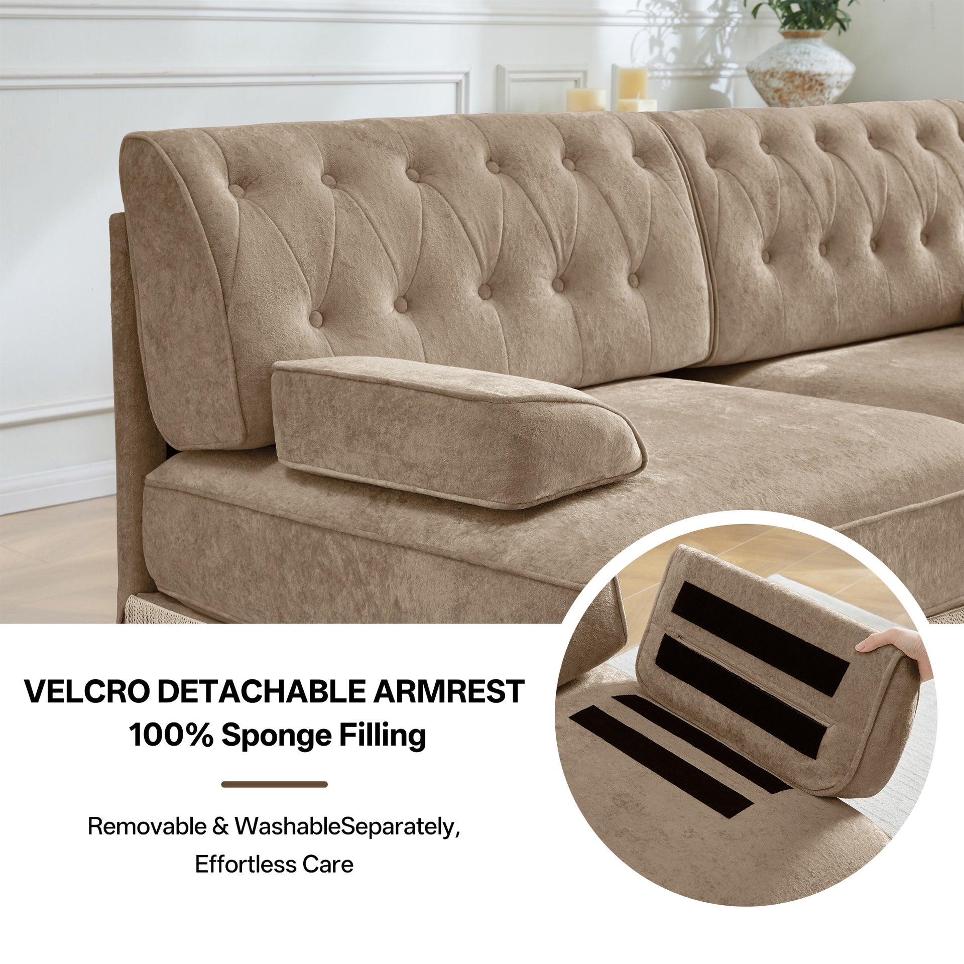135"Soft Velvet Fabric,Button Tufted Design Chesterfield Style Sofa,Tassel Skir,Modular Combination Design,Premium Wooden Base,Easy to Assemble,High-density High Resilience Foam,For Lounge,Camel