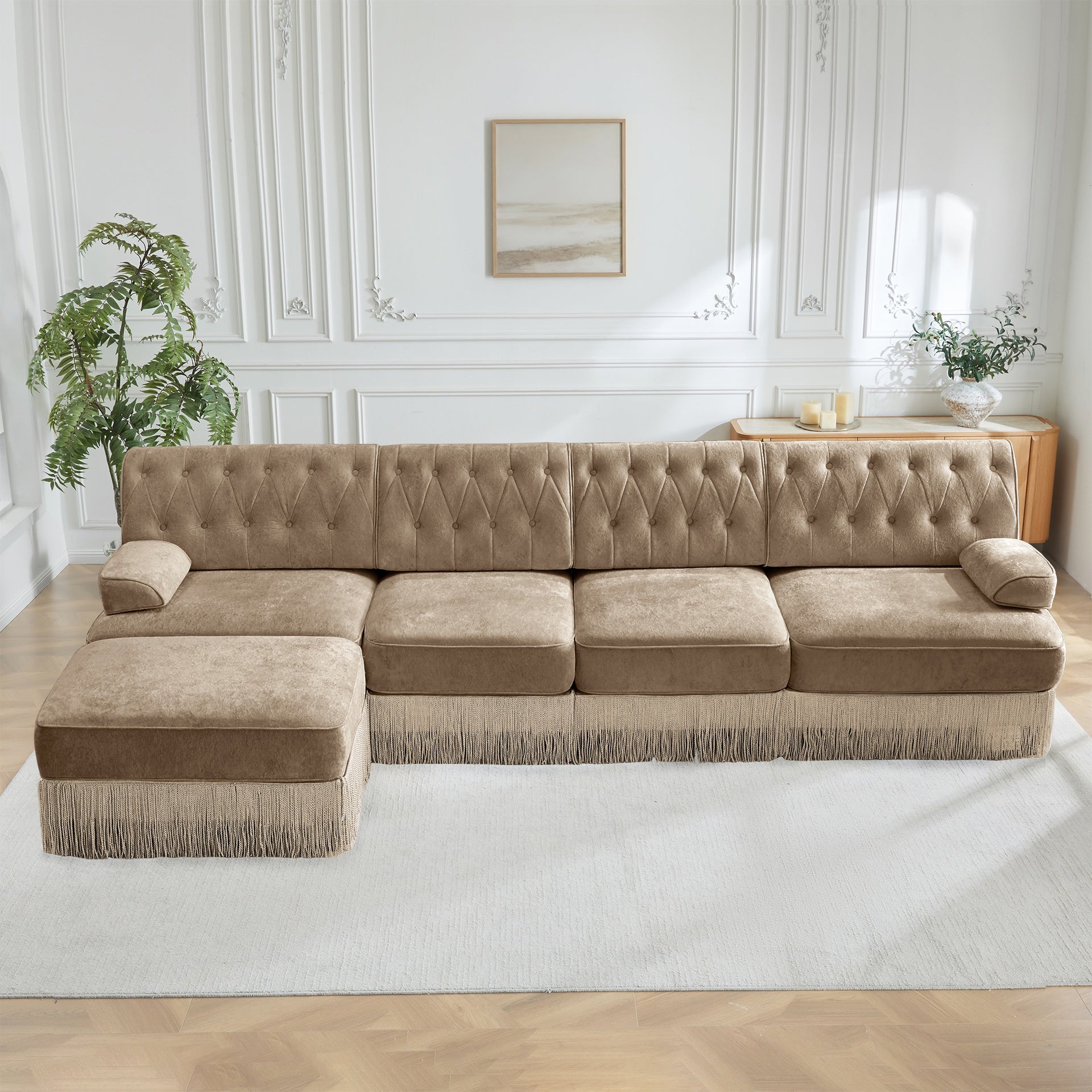 135" L Shaped Pet-friendly Velvet Fabric,Chesterfield Style Sofa,Tassel Skirt,Slightly Curved Square Armrests,Free Combination,Ergonomic Design,For Living Rooms Rest Areas Bedroom,Camel