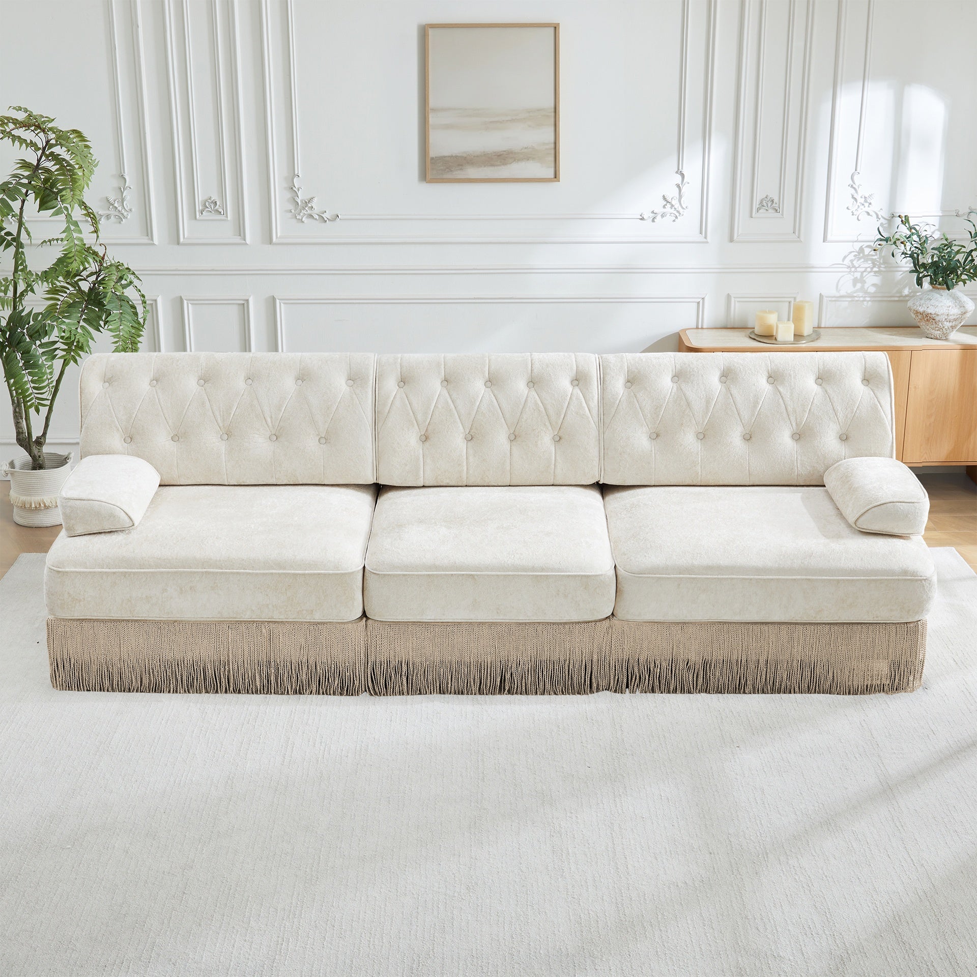 3-Seater Pet-friendly,Velvet Fabric,Floor-grazing Tassel Fringe Skirt,Button Tufted Design,Premium Wooden Base,Ergonomic design,Free Combination,For Living Rooms Rest Areas Bedroom,Beige