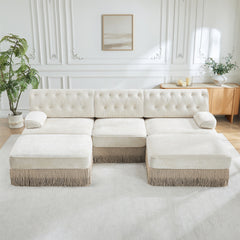 U Shaped Breathable Comfort Velvet Fabric,Chesterfield Style Sofa,Floor-grazing Tassel Fringe Skirt,Modular Combination Design,Ergonomic design,Button Tufted Design,For Living Rooms Bedroom,Beige