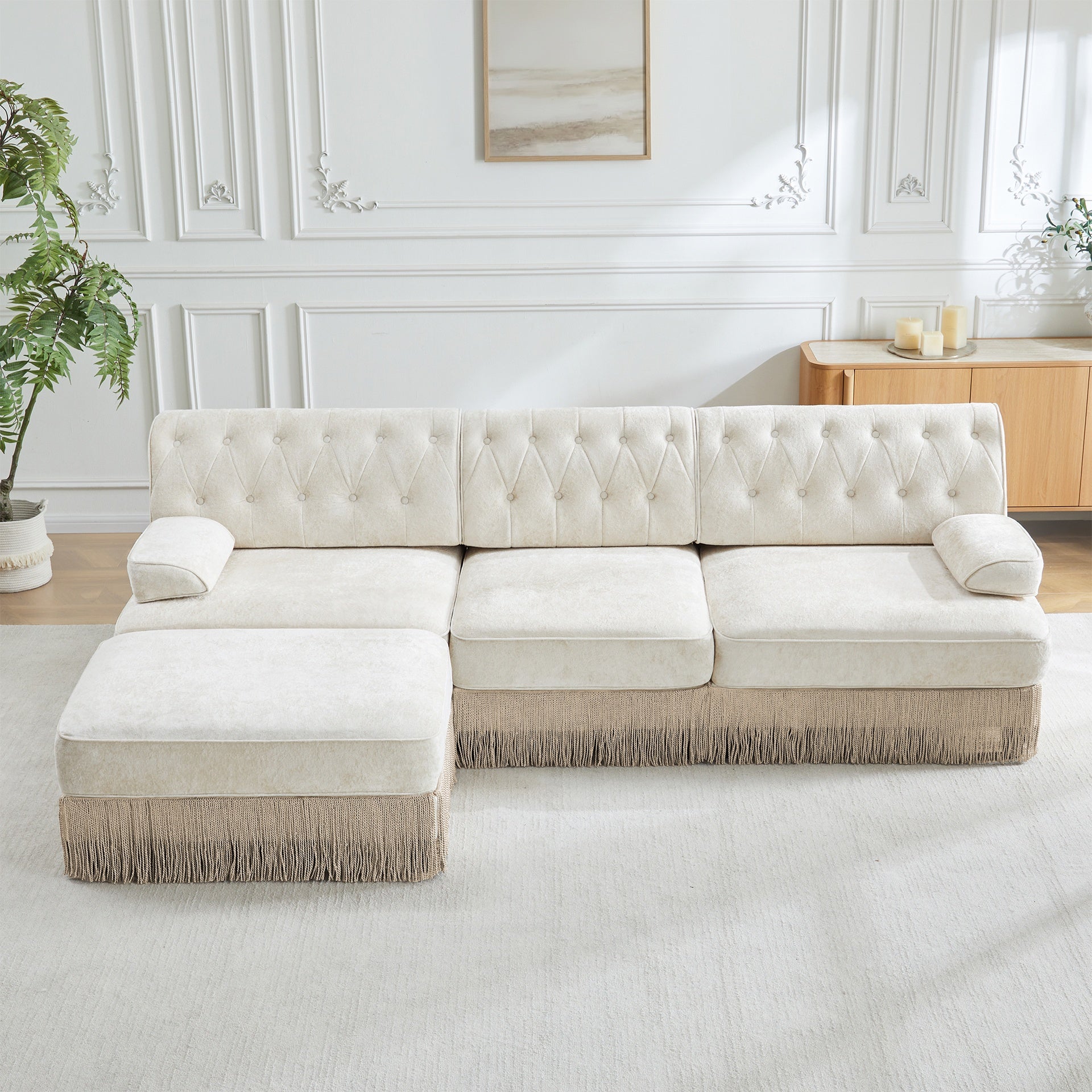 3-Seater High Quality Velvet Fabric,Cloud Modular Sectional,Tassel Skirt,Button Tufted Design,High-density high resilience foam,Easy to Assemble,Premium Wooden Base,For Living Room Study,Beige