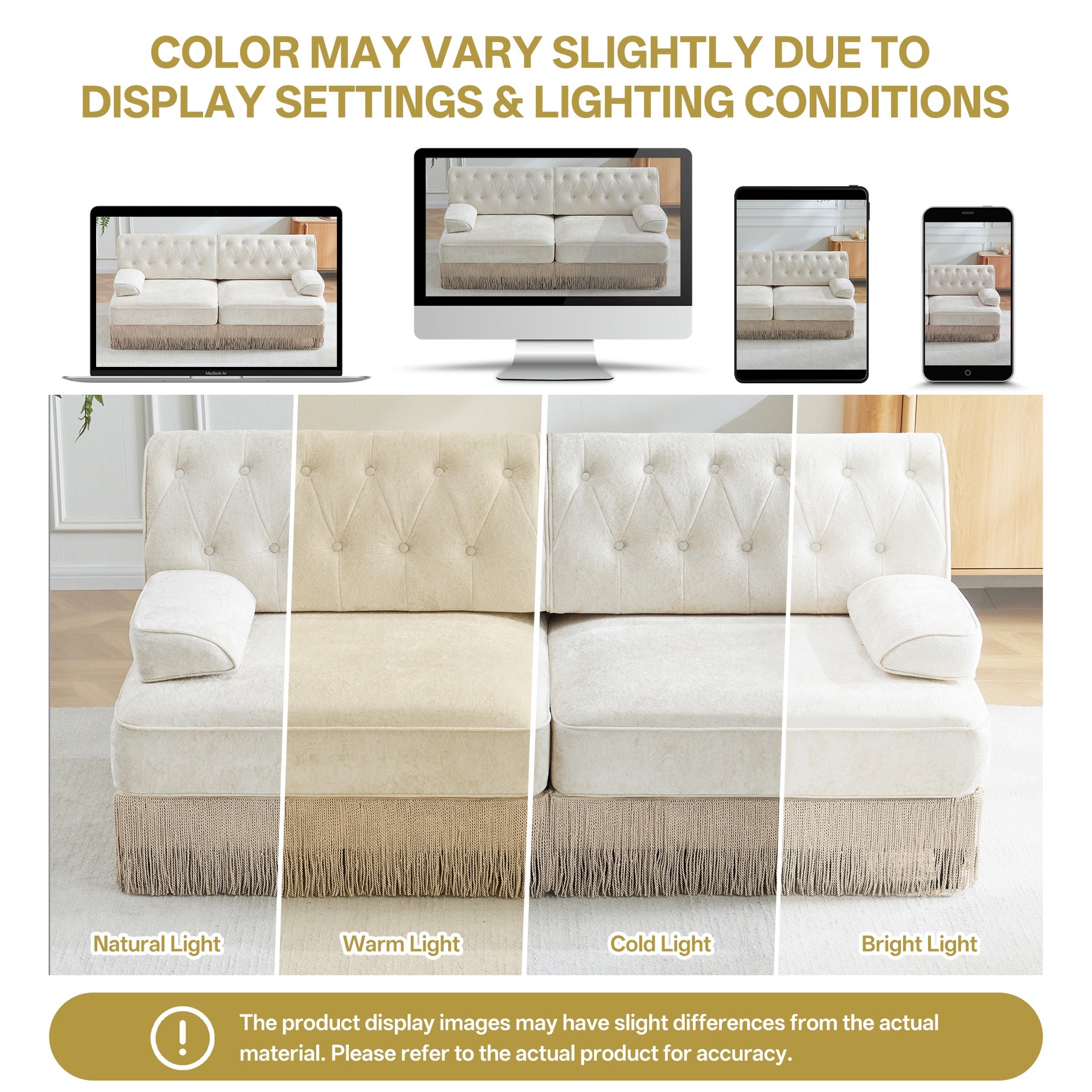 3-Seater High Quality Velvet Fabric,Cloud Modular Sectional,Tassel Skirt,Button Tufted Design,High-density high resilience foam,Easy to Assemble,Premium Wooden Base,For Living Room Study,Beige