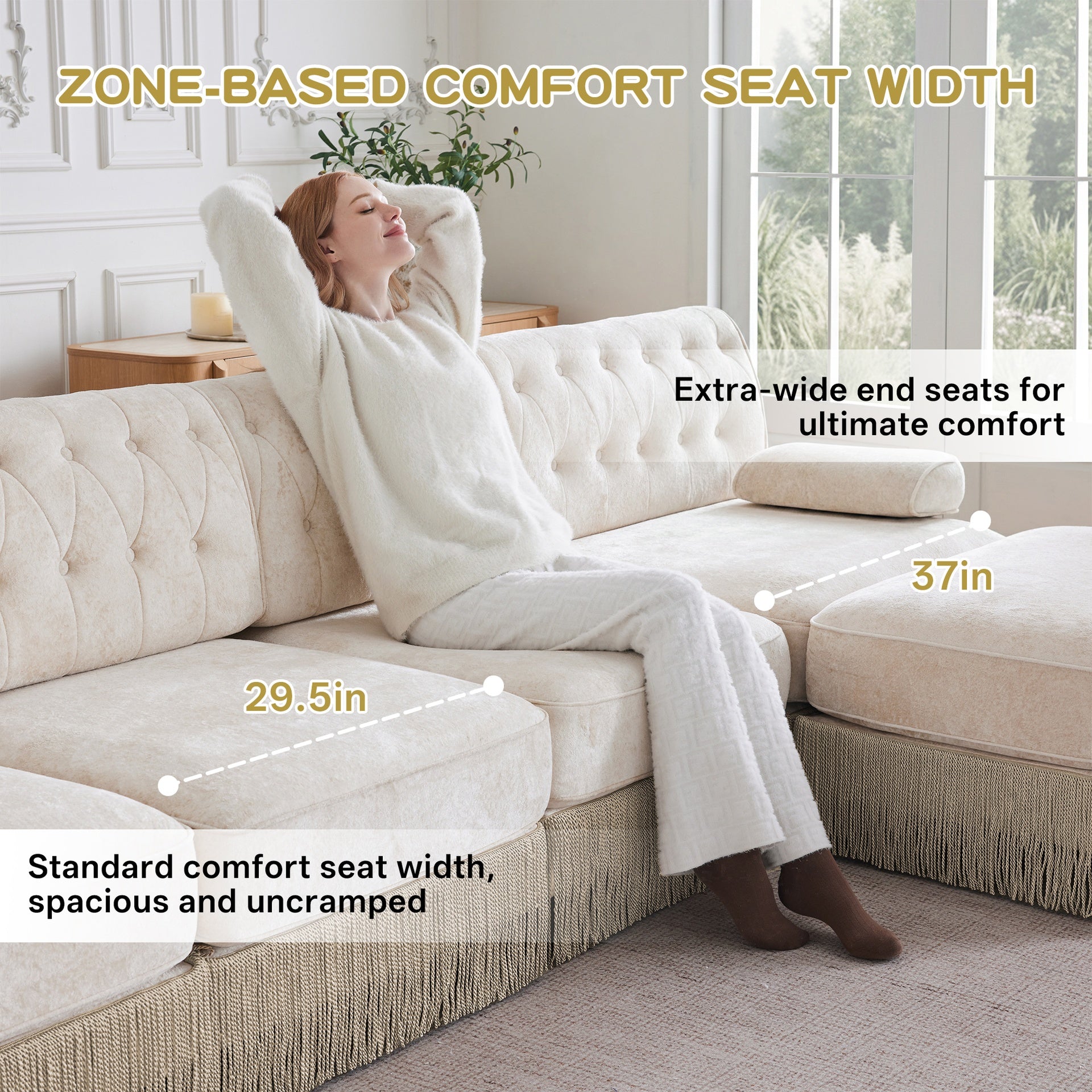 3-Seater High Quality Velvet Fabric,Cloud Modular Sectional,Tassel Skirt,Button Tufted Design,High-density high resilience foam,Easy to Assemble,Premium Wooden Base,For Living Room Study,Beige