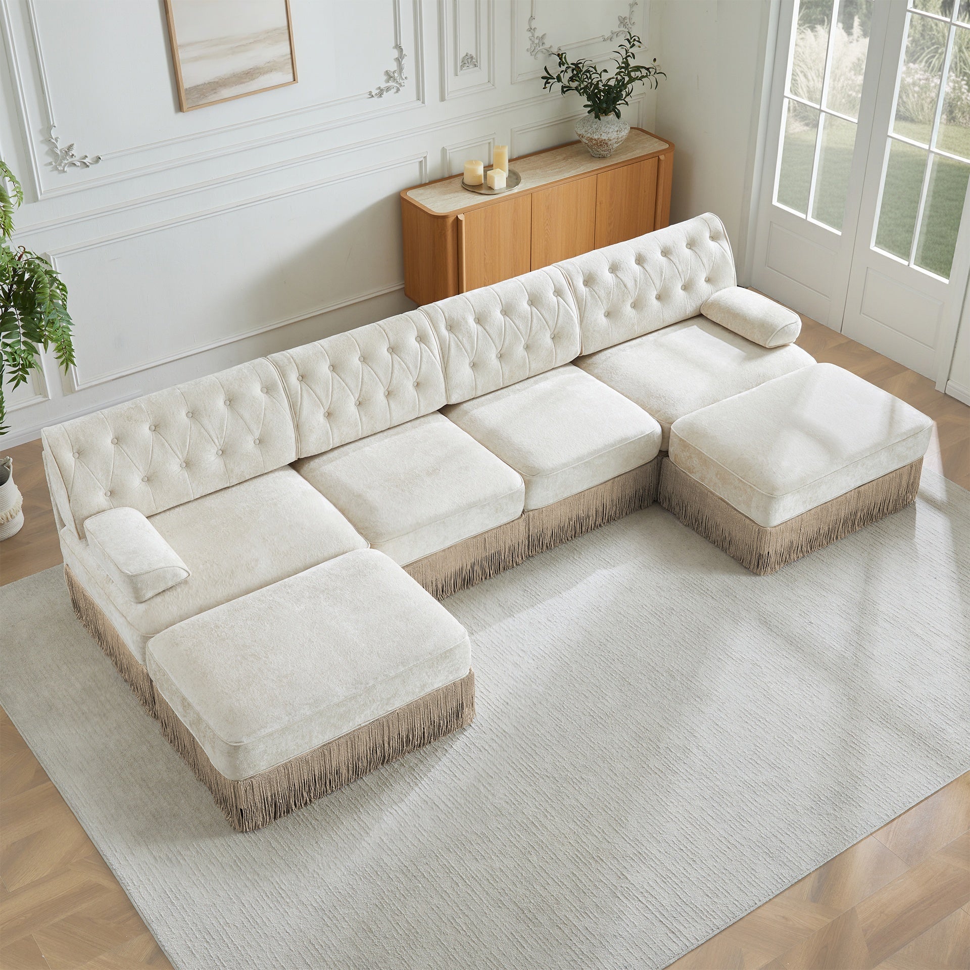 4-Seater with 2 Ottomans Cloud Modular Sectional,Tassel Skirt,Button Tufted Design,High-density High Resilience Foam,Ergonomic Design,Premium Wooden Base,For Living Rooms Bedroom,Beige