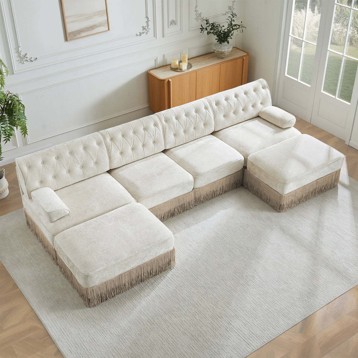 4-Seater with 2 Ottomans Cloud Modular Sectional,Tassel Skirt,Button Tufted Design,High-density High Resilience Foam,Ergonomic Design,Premium Wooden Base,For Living Rooms Bedroom,Beige