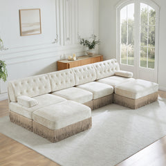 4-Seater with 2 Ottomans Cloud Modular Sectional,Tassel Skirt,Button Tufted Design,High-density High Resilience Foam,Ergonomic Design,Premium Wooden Base,For Living Rooms Bedroom,Beige