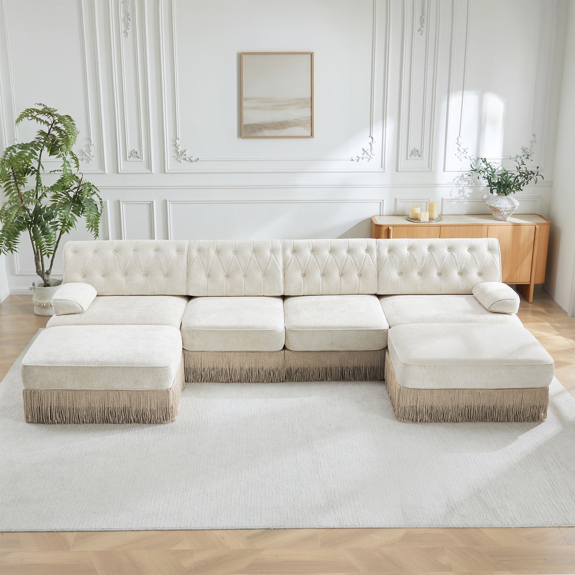 4-Seater with 2 Ottomans Cloud Modular Sectional,Tassel Skirt,Button Tufted Design,High-density High Resilience Foam,Ergonomic Design,Premium Wooden Base,For Living Rooms Bedroom,Beige
