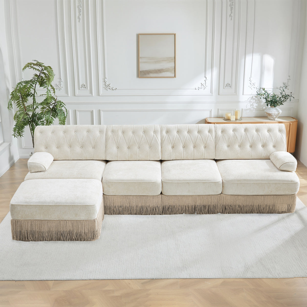135" L Shaped Pet-friendly Velvet Fabric,Chesterfield Style Sofa,Tassel Skirt,Slightly Curved Square Armrests,Free Combination,Ergonomic design,For Living Rooms Rest Areas Bedroom,Beige