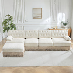135" L Shaped Pet-friendly Velvet Fabric,Chesterfield Style Sofa,Tassel Skirt,Slightly Curved Square Armrests,Free Combination,Ergonomic design,For Living Rooms Rest Areas Bedroom,Beige