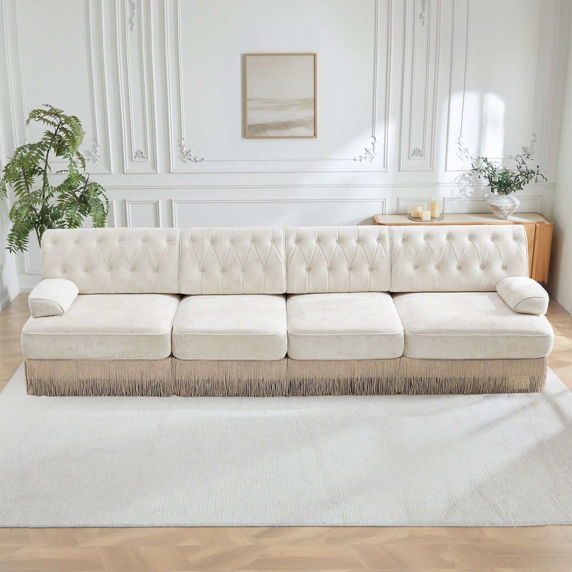 135" Soft Velvet Fabric,Button Tufted Design Chesterfield Style Sofa,Tassel Skir,Modular Combination Design,Premium Wooden Base,Easy to Assemble,High-density high resilience foam,For Lounge,Beige