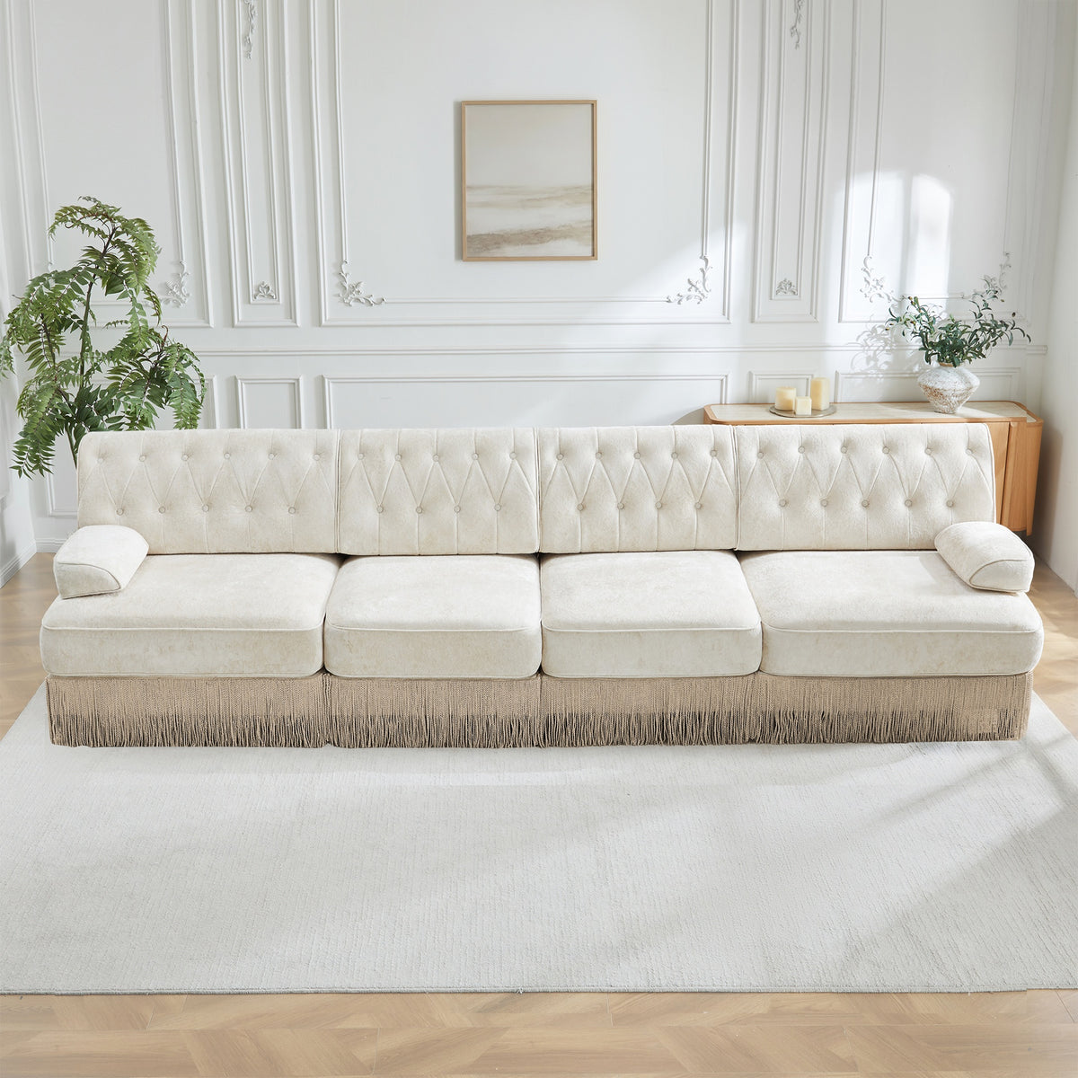 135" Soft Velvet Fabric,Button Tufted Design Chesterfield Style Sofa,Tassel Skir,Modular Combination Design,Premium Wooden Base,Easy to Assemble,High-density high resilience foam,For Lounge,Beige