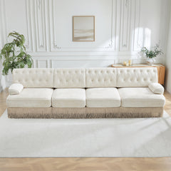 135" Soft Velvet Fabric,Button Tufted Design Chesterfield Style Sofa,Tassel Skir,Modular Combination Design,Premium Wooden Base,Easy to Assemble,High-density high resilience foam,For Lounge,Beige