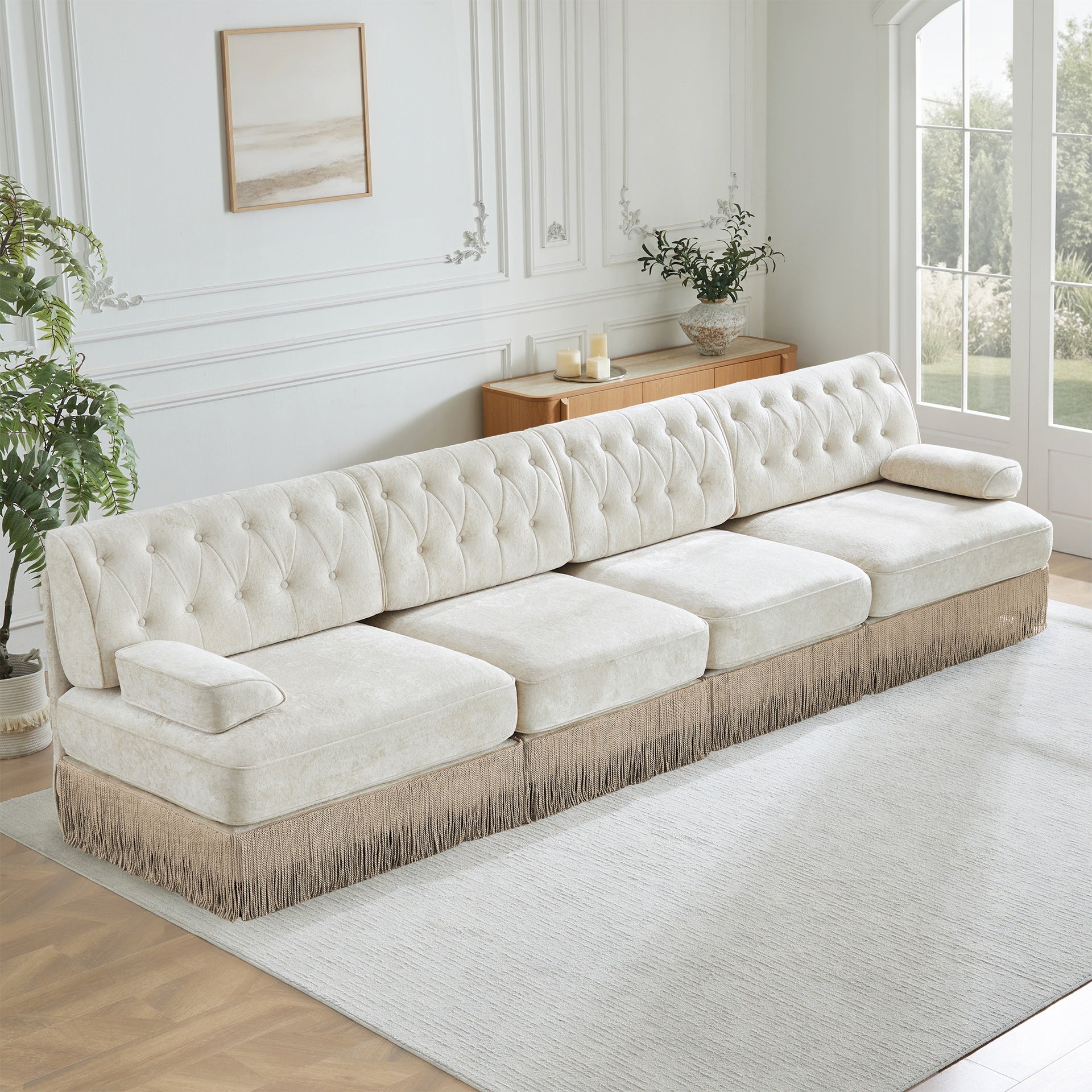 135" Soft Velvet Fabric,Button Tufted Design Chesterfield Style Sofa,Tassel Skir,Modular Combination Design,Premium Wooden Base,Easy to Assemble,High-density high resilience foam,For Lounge,Beige