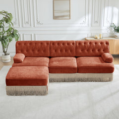 3-Seater High Quality Velvet Fabric,Cloud Modular Sectional,Tassel Skirt,Button Tufted Design,High-density high resilience foam,Easy to Assemble,Premium Wooden Base,For Living Room Study,Red Brown