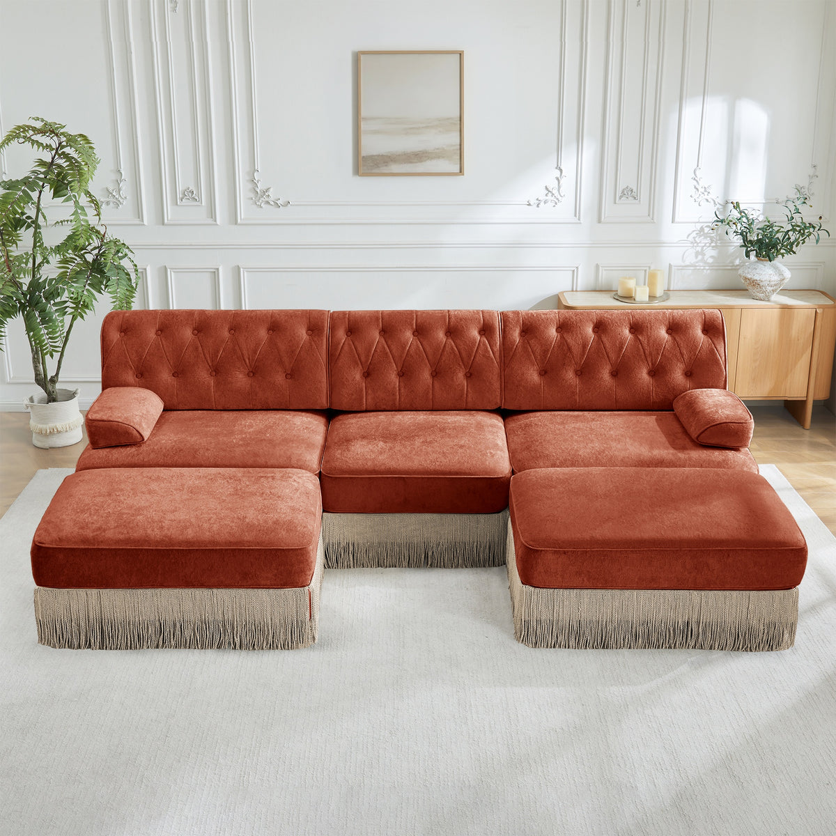 U Shaped Breathable Comfort Velvet Fabric,Chesterfield Style Sofa,Floor-grazing Tassel Fringe Skirt,Modular Combination Design,Ergonomic design,Button Tufted Design,For Living Rooms Bedroom,Red Brown
