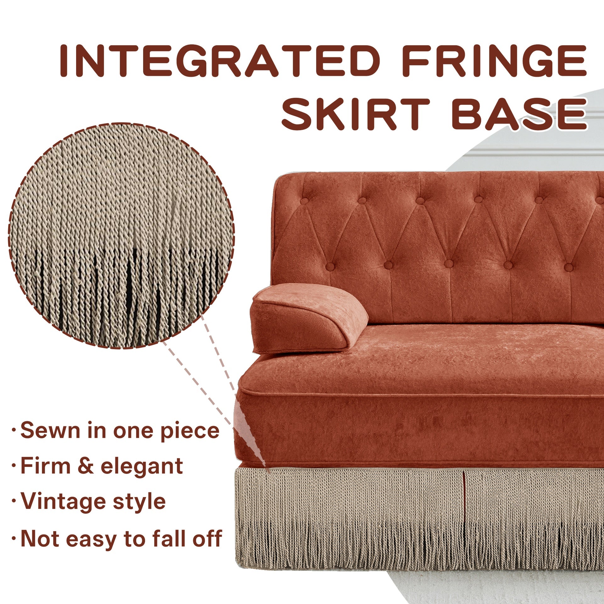 3-Seater Pet-friendly,Velvet Fabric,Floor-grazing Tassel Fringe Skirt,Button Tufted Design,Premium Wooden Base,Ergonomic design,Free Combination,For Living Rooms Rest Areas Bedroom,Red Brown