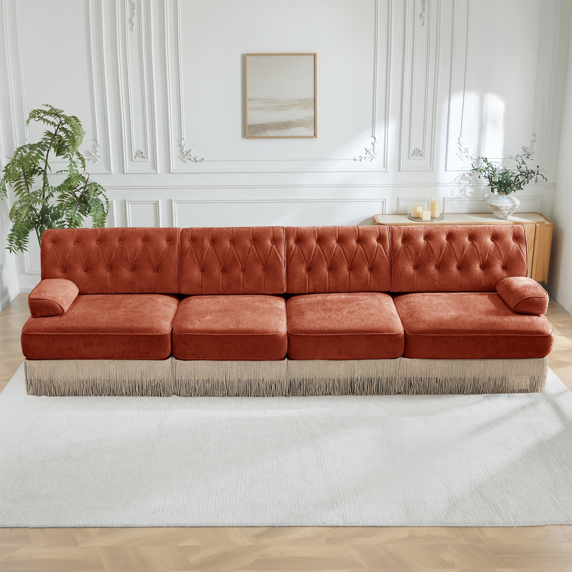 135" Soft Velvet Fabric,Button Tufted Design Chesterfield Style Sofa,Tassel Skir,Modular Combination Design,Premium Wooden Base,Easy to Assemble,High-density High Resilience Foam,For Lounge,Red Brown
