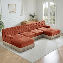 4-Seater with 2 Ottomans Cloud Modular Sectional,Tassel Skirt,Button Tufted Design,High-density High Resilience Foam,Ergonomic Design,Premium Wooden Base,For Living Rooms Bedroom,Red Brown