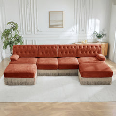 4-Seater with 2 Ottomans Cloud Modular Sectional,Tassel Skirt,Button Tufted Design,High-density High Resilience Foam,Ergonomic Design,Premium Wooden Base,For Living Rooms Bedroom,Red Brown