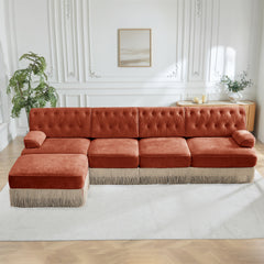 135" L Shaped Pet-friendly Velvet Fabric,Chesterfield Style Sofa,Tassel Skirt,Slightly curved square armrests,Free Combination,Ergonomic design,For Living Rooms Rest Areas Bedroom,Red Brown