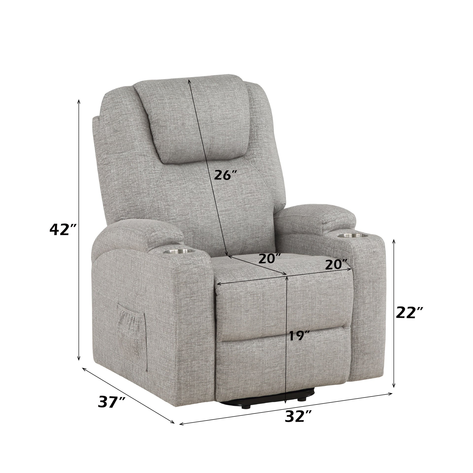 Light Gray Chenille Recliner w/Power Lift & Massage