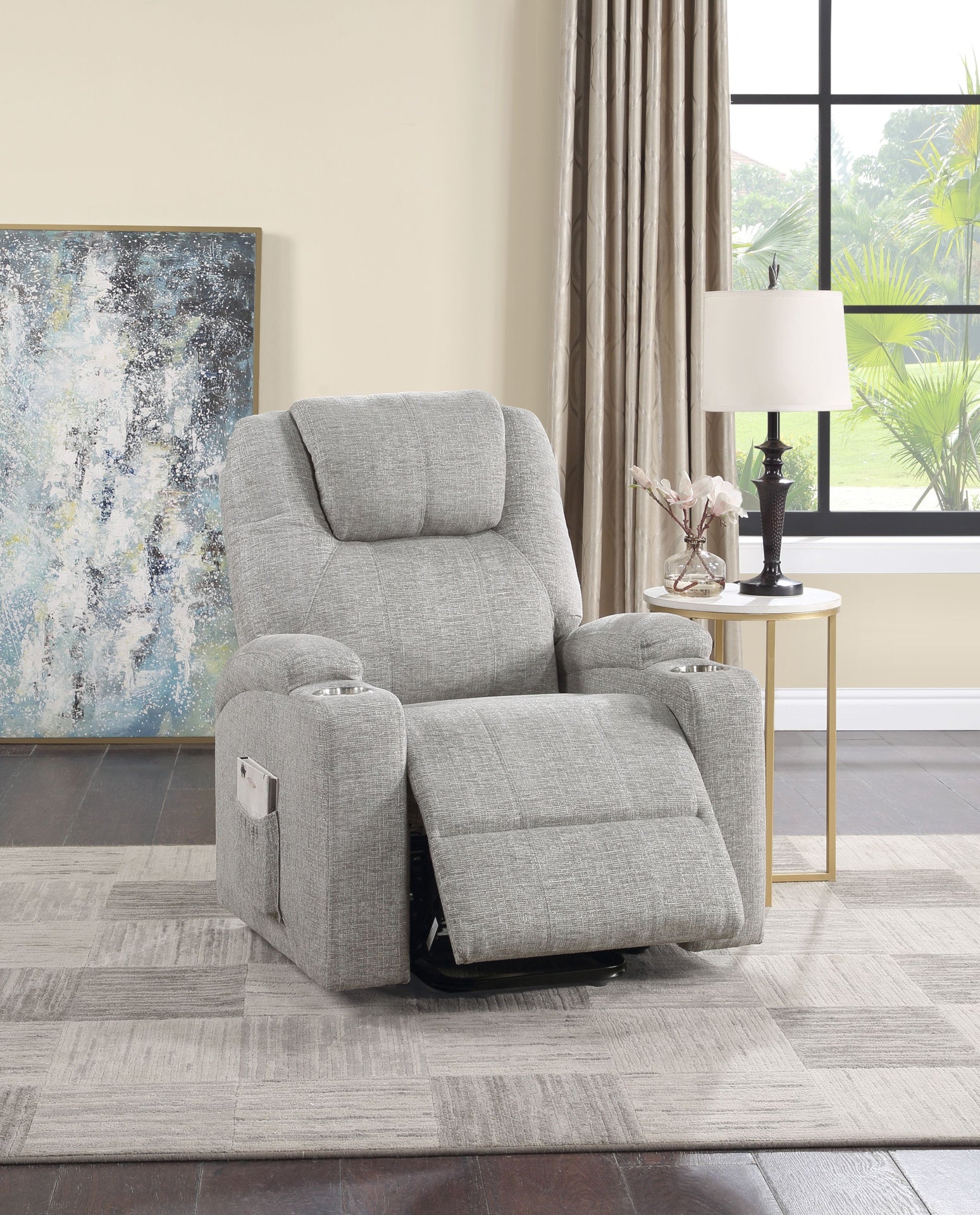 Light Gray Chenille Recliner w/Power Lift & Massage