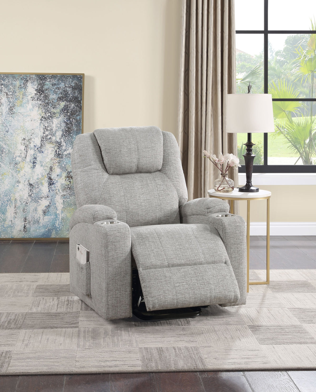 Light Gray Chenille Recliner w/Power Lift & Massage